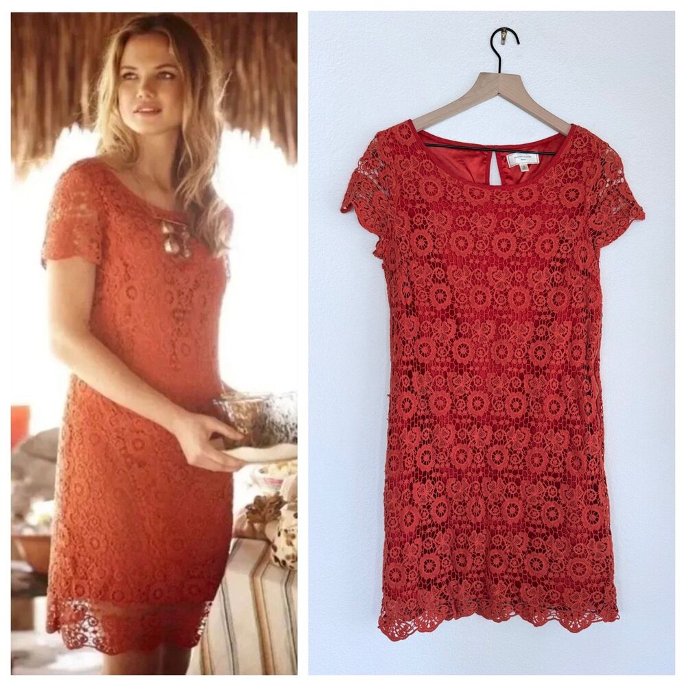 Anthropologie Moulinette Soeurs Horkelia Lace Short Sleeve Shift Dress in Orange